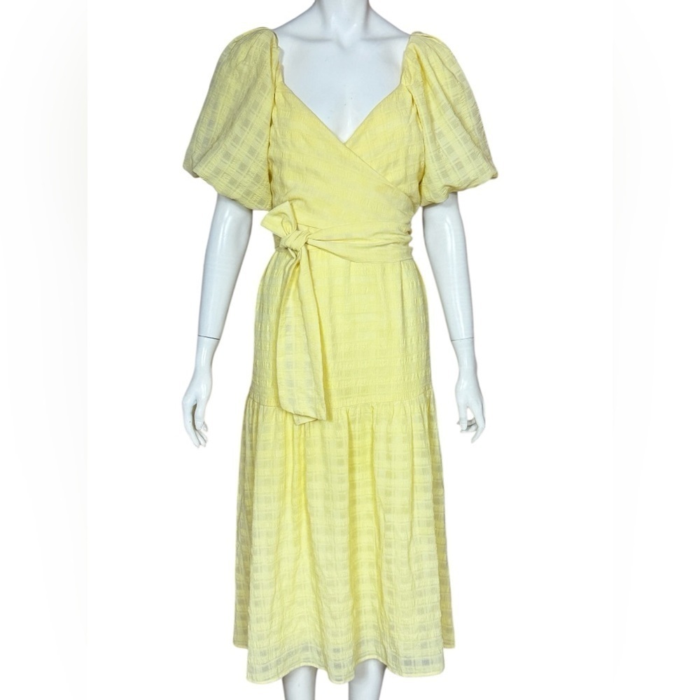 Astr Romano Bohemian Yellow Midi Dress with Puff Sleeves Size Large - Picture 2 of 15